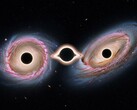 显示两个星系共享 3 个黑洞的示意图（图片来源：人工智能生成的图片；已编辑）