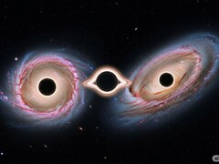 显示两个星系共享 3 个黑洞的示意图（图片来源：人工智能生成的图片；已编辑）