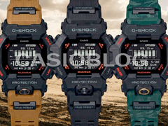 图为卡西欧 G-Shock GDG-B100-1（全黑色）、GDG-B100-1A3（黑色，绿色迷彩表带）和 GDG-B100-1A5（黑色，沙色表带）。
