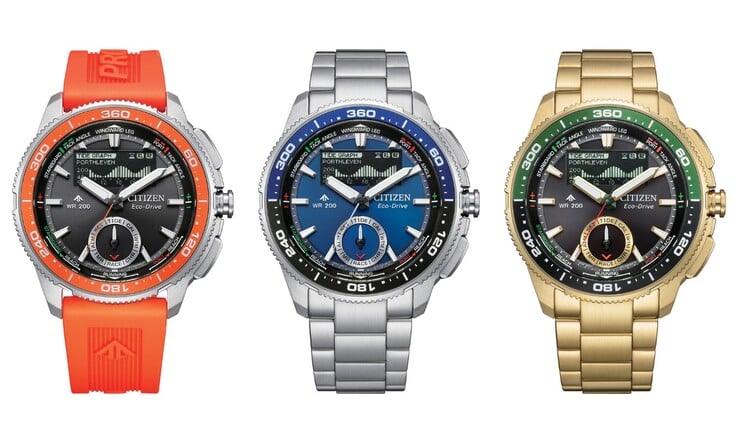 从左至右：Citizen Promaster WaveTracker JV3000-13E、JV3006-50L 和 JV3002-51E 腕表