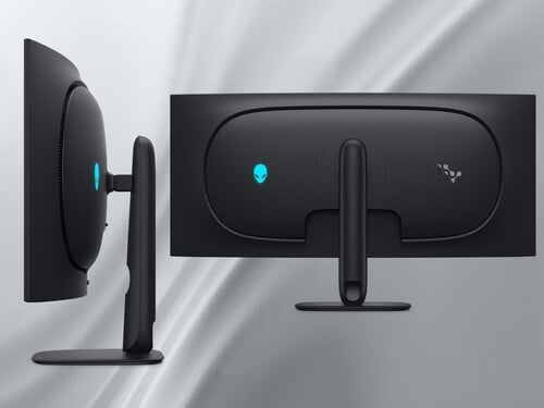 展示的 Alienware AW3926QW 5K OLED 显示器的侧面和背面