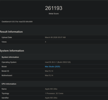 Apple M3 Ultra Geekbench Metal