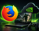 一款游戏本，屏幕上显示着游戏画面，上方有GeForce Now和Firefox的品牌标识