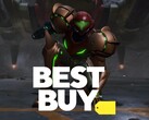 Metroid Prime 4: Beyond》中的萨姆斯与百思买标志（图片来源：任天堂美国公司、百思买，有编辑）。