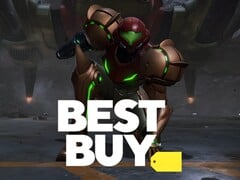 Metroid Prime 4: Beyond》中的萨姆斯与百思买标志（图片来源：任天堂美国公司、百思买，有编辑）。