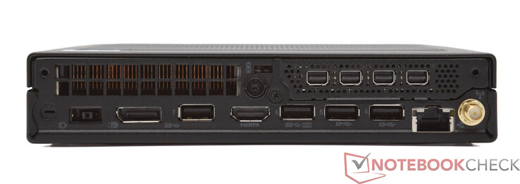 后面板：电源接口、DisplayPort 1.4、2x 3.2 Gen-1 (5 GBit/s)、HDMI 2.1 TMDS、2x 3.2 Gen-2 (10 GBit/s)、10/100/1000 MBit (Intel I219-LM)、4x Mini DisplayPort 1.4a (Nvidia T1000)、WLAN 天线