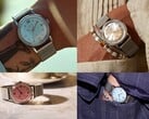 Timex x Todd Snyder Marlin Mesh 系列腕表,配有银色、水蓝色和鲑鱼色太阳纹表盘,图中展示了佩戴于手腕上及取下后的效果。