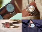 Timex x Todd Snyder Marlin Mesh 系列腕表，配有银色、水蓝色和鲑鱼色太阳纹表盘，图中展示了佩戴于手腕上及取下后的效果。