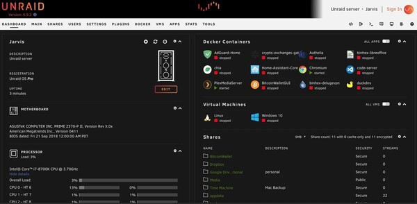 虽然 Unraid 的功能不如 Truenas 完善，但它提供了一个非常实用的网络界面，可以监控 NAS 的方方面面。(来源：Unraid）