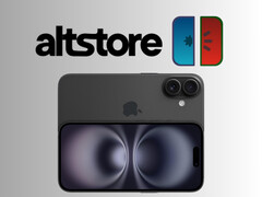 iPhone 16 上方的 AltStore 和 meloNX 徽标（图片来源：Apple, AltStore, meloNX 有编辑）