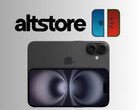 iPhone 16 上方的 AltStore 和 meloNX 徽标（图片来源：Apple, AltStore, meloNX 有编辑）