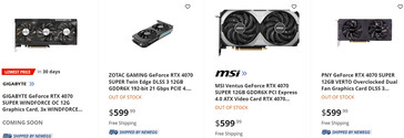 RTX 4070 超级版在 Newegg 上的上市价格（图片来源：Newegg via: VideoCardz）