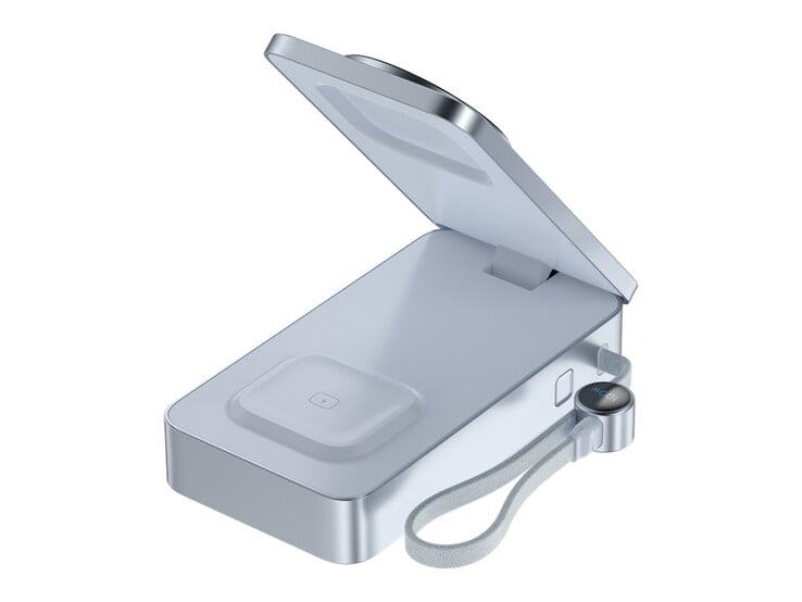 尚未发布的 Ugreen 电源箱采用可折叠设计，带有隐藏式 AirPods 充电器和内置线缆。(图片来源：Wireless Power Consortium）