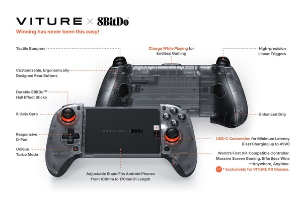 Viture x 8BitDo Ultimate Mobile Gaming Controller 顶部有一个 USB-C 端口，用于直通充电。(图片来源：Viture）