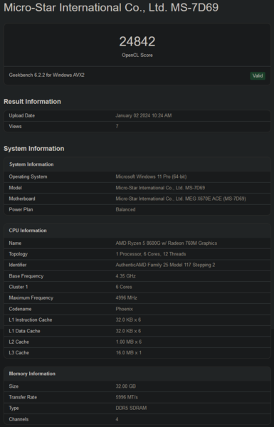 AMD Ryzen 5 8600G Geekbench 跑分（图片来自 Geekbench）