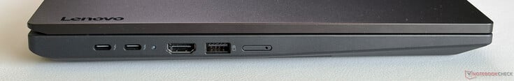 左: 2x USB-C 4.0 w/ Thunderbolt 4(40 Gbps、DisplayPort 1.4a、Power Delivery)、HDMI 2.1、USB-A 3.2 Gen.1(5 Gbps、始终保持开启)、Nano-SIM 卡