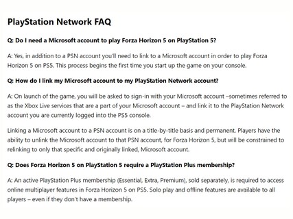 极限竞速：地平线 5》PSN 帐户常见问题（图片来源：《极限竞速：地平线 5》支持网站）