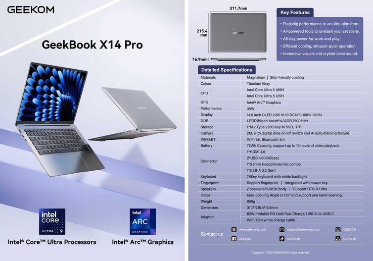 Geekom GeekBook X14 Pro 数据表（图片来源：Geekom）