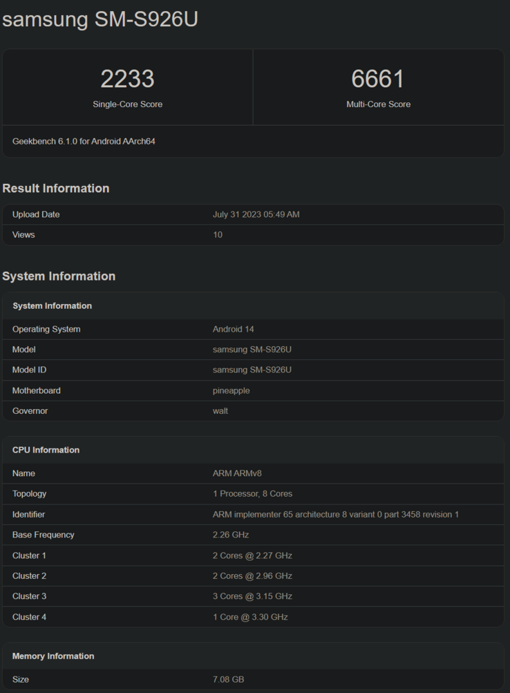 三星Galaxy S24+ 的高通骁龙 8 代 3 Geekbench 列表（图片来自 Geekbench）