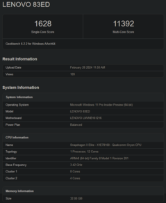 骁龙 X 精英版 Geekbench 6.2 CPU 跑分（图片来自 Geekbench）