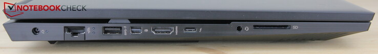 左边：AC适配器，LAN，USB-A 3.0（HP睡眠和充电），miniDP，HDMI，USB-C 4与Thunderbolt 4，耳机，SD读卡器