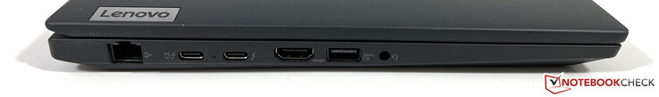 左边：千兆以太网，2个USB-C 4.0与Thunderbolt 4（40 Gbit/s，DisplayPort ALT模式1.4，Power Delivery 3.0），HDMI 2.1，USB-A 3.2 Gen.1（5 Gbit/s，供电），3.5毫米立体声端口