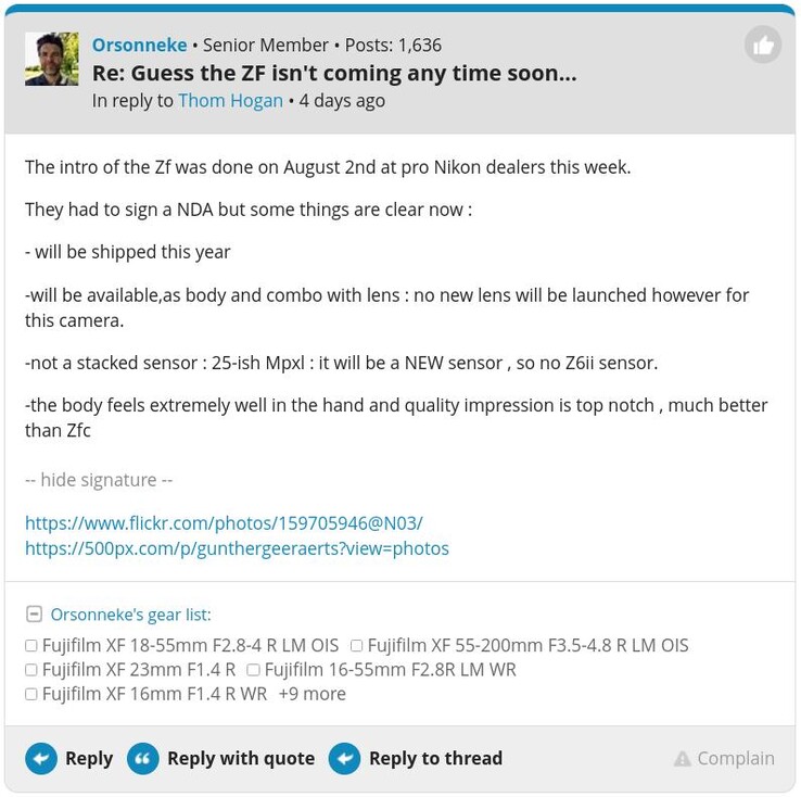 据称尼康 Zf 在 DPReview 论坛上的确认截图。(图片来源：DPReview）