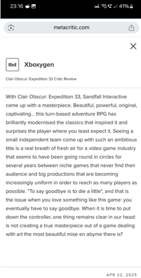 Clair Obscur：Metacritic 上泄露的《远征 33》评论（图片来源：Clair Obscur: Expedition 33 subreddit）
