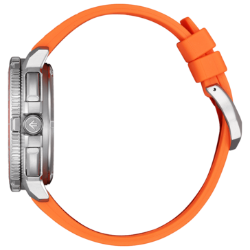 Side profile product image of the Citizen Promaster Wave Tracker JV3000-13E showing its stainless steel case, textured rotating bezel, pushers, and orange rubber strap.