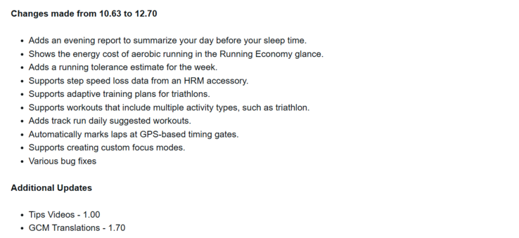 Garmin Venu X1 智能手表 12.70 版软件的更改日志。(图片来源：Garmin）