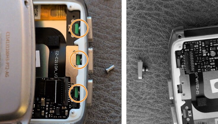 Pebble 漏装了一个卡扣,因此其中一个按钮很容易从表壳里掉出来。