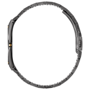 西铁城Eco-Drive One AR5065-54W的侧面视图,展现了其超薄表壳和不锈钢表链。