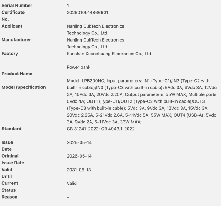 Cuktech LPB200NC 电源箱的 3C 数据库文件