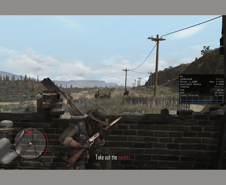 红色死亡救赎》在 iPad Pro 上运行，金属性能 HUD 显示 60 fps 输出（图片来源：MrMacRight via YouTube）