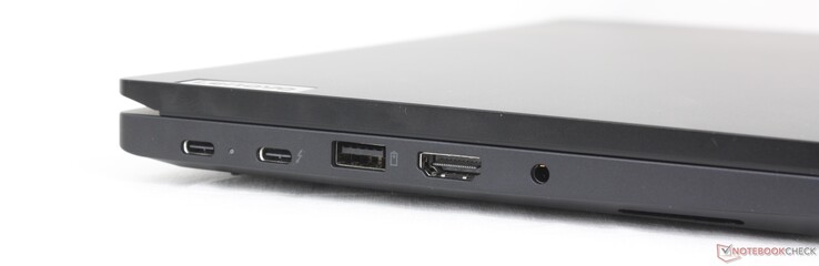 左：USB-C 3.2 Gen. 2 (20 Gbps) w/ Power Delivery 3.0 + DisplayPort 1.4、USB-C Thunderbolt 4 (40 Gbps) w/ Power Delivery 3.0 + DisplayPort 1.4、USB-A (10 Gbps)、HDMI 2.1、3.5 毫米耳机