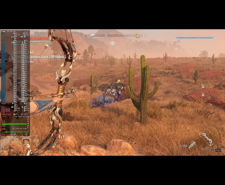 使用 Framework Desktop PC 在 Bazzite OS 上运行的《地平线：零之黎明重制版》游戏截图，显示游戏中的性能叠加（图片来源：ETA PRIME via YouTube）